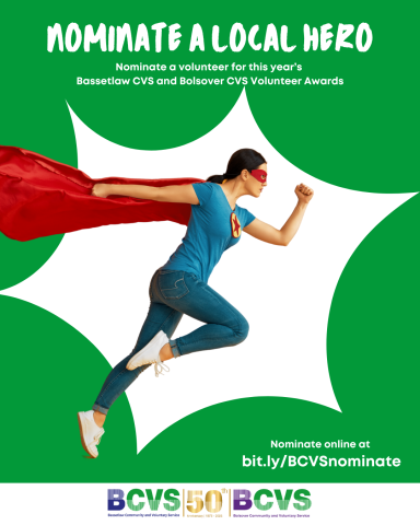 Volunteer nomination flyer with a female dressed as a superhero